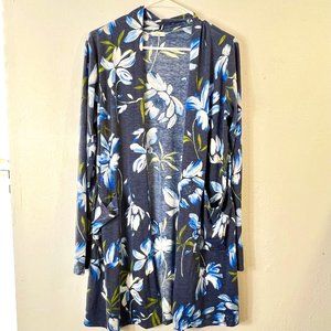 LA LUNA CARDIGAN WOMEN'S SIZE LARGE BLUE FLORAL PATCH POCKETS OPEN FRONT